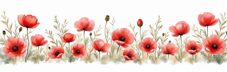Fototapeta premium Watercolor hand drawn illustration with red poppy flowers border. Floral design with blossom decoration isolated on white background. Summer meadow botanical plant graphic for card or print design.