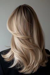 Fototapeta premium Close-up portrait of a woman’s luxurious, voluminous, and silky blonde hair, captured from the back against a soft, neutral gray background. 