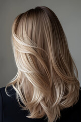 Fototapeta premium Close-up portrait of a woman’s luxurious, voluminous, and silky blonde hair, captured from the back against a soft, neutral gray background. 