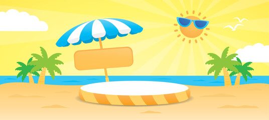 cute kawaii summer style podium display graphic 3d illustration vector for putting object or product on beach background