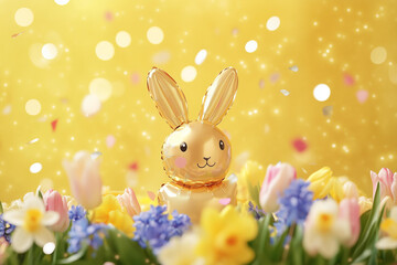 Fototapeta premium Golden bunny balloon nestled among lush pastel tulips, daffodils and blue hyacinth, with sparkling confetti floating in the air against a soft yellow background 