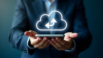 Cloud technology illustrated by a glowing cloud icon with download and upload arrows being handled by a business professional. concept as Depiction of a glowing cloud icon with download and upload arr