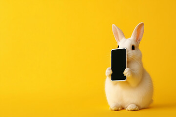 Adorable cream-colored bunny holding a smartphone against a vibrant yellow background, illuminated by a bright, dynamic light that creates striking highlights and deep shadows.  
