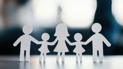 white paper cutout of a patchwork family holding hands, symbolizing unity, love, and support. The blurred background adds depth, emphasizing the importance of family values and togetherness