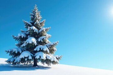 Fototapeta premium Snow-covered pine tree against bright blue sky, winter, landscape, pine tree