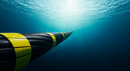 Underwater fiber optic cable, Deep sea telecommunications infrastructure, Global connectivity and internet technology beneath ocean surface