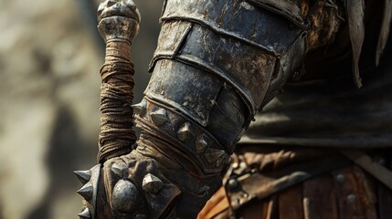 Close up of medieval sword and metal gauntlet armor