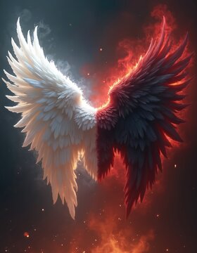 Dramatic concept art featuring glowing white angel wings contrasting with dark demon wing. Split heavenly, hellish idea. Good versus evil. Fantasy symbolic fight of angels, demons in cinematic style.