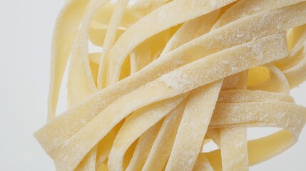 A close-up shot of freshly made fettuccine pasta with a dusting of flour