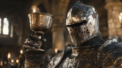 A knight raises a chalice in a dimly lit stone chamber