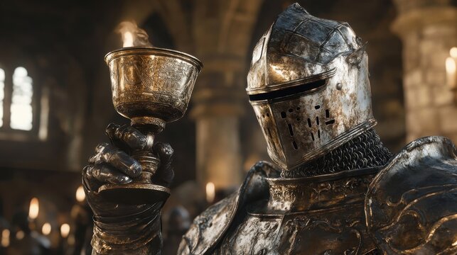 A knight raises a chalice in a dimly lit stone chamber
