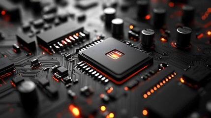 Glowing chip on circuit board shows technology. Close up. Dark background with orange light