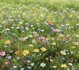Illustration of tiny flowers in bright spring meadow painted with watercolors, art, white background, tiny
