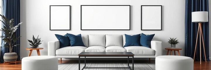 Modern living room with white wall, navy blue sofa cushions, and set of 3 frames in various sizes for wall art mockup, design, poster