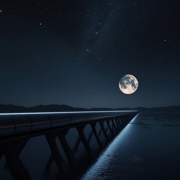 A sleek hyperloop tunnel stretching into the horizon, illuminated by the moons glow and futuristic energy lines ar 16:9 v 6.1 q 2
