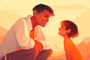 Heartwarming Illustration of Parent Child Moment, Tender Connection at Sunset, Family Bonding and Communication Theme, Parenting Love Concept