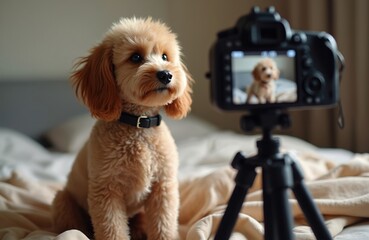 Fluffy puppy poses near camera on tripod. Cute dog is filmed for online channel, recording content at home. Furry pet is new petfluencer star on social media.
