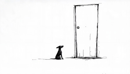 Dog looking at a door, illustrating anticipation and curiosity in a minimalistic illustration