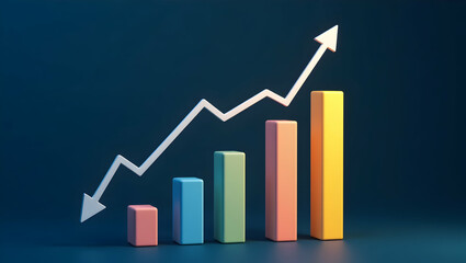 Visual Representation of Economic Trends: Floating Upward Arrows and Bar Graphs Illustrating Financial Growth with Space for Customization in Stock Photography