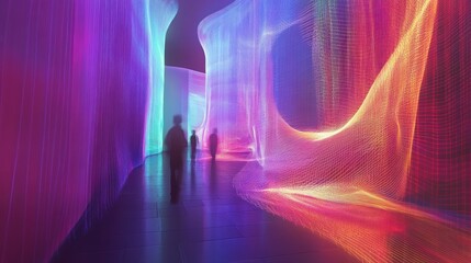 Silhouettes walk vibrant light art tunnel, flowing digital backdrop