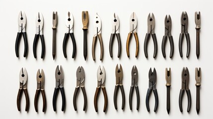 Flat lay of a set of metal snips for cutting sheet metal, neatly arranged on a white surface, emphasizing simplicity and elegance white background