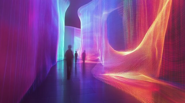 Silhouettes walk vibrant light art tunnel, flowing digital backdrop - Powered by Adobe