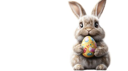 Obraz premium A realistic Easter bunny in a festive pose, gently holding a decorated Easter egg, with intricate details in fur texture and vibrant spring elements 