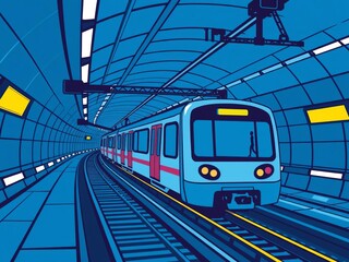 Obraz premium Illustration of a modern underground blue train locomotive speeding through subway tunnels, transit, futuristic