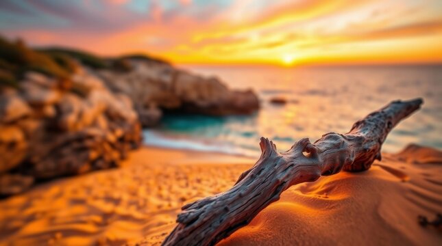 Driftwood rests on warm sand at sunset. Rocks, ocean, and sky create a serene backdrop. A tranquil beach scene.