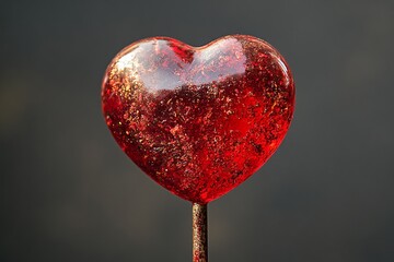 Close-up of a red heart-shaped lollipop on a stick against a dark background