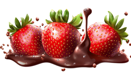 "A delicious combination of strawberries and chocolate syrup, isolated on transparent background, with the syrup forming a glossy coating