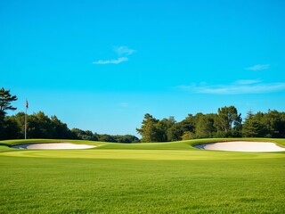 Obraz premium Golf course template with green grass, sand traps, and flagpole under a clear blue sky, nature, sports