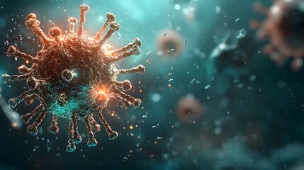 Captivating Glow of an Unknown Viral Structure under High Powered Microscope   A highly detailed close up photograph showcasing the eerie spike like protrusions of an unidentified virus