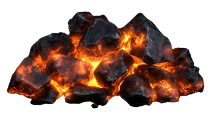 "A close-up view of a cluster of smoldering burning coals with darkened edges and glowing centers, isolated on transparent background.