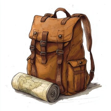 Vintage Backpack and Rolled Map on White Background