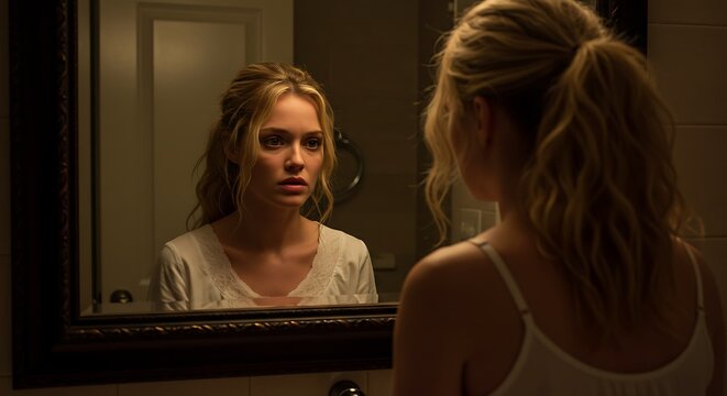 Young Woman's Intense Reflection in a Bathroom Mirror
