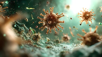 Fototapeta premium A stunning macro photograph showcasing the intricate details of biohazardous virus cells floating in a translucent liquid with a bioluminescent glow and spiked surfaces