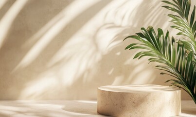 Product Podium Display with Palm Leaf Shadows and Natural Light