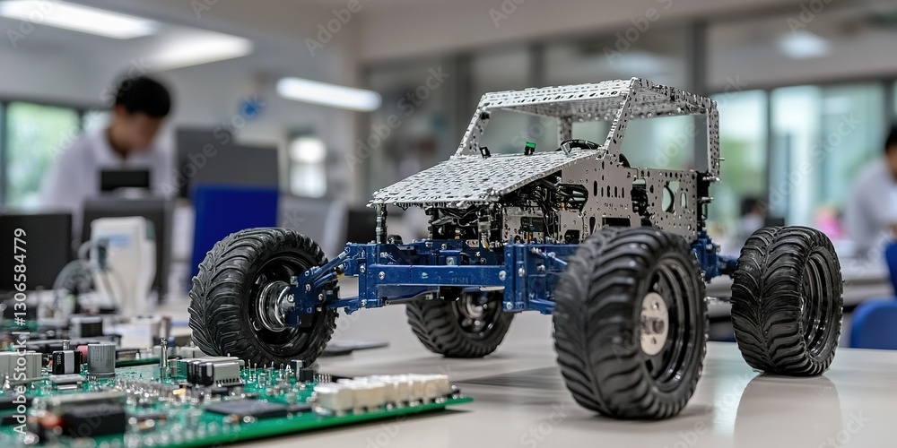 Poster robotic vehicle model displayed in a laboratory setting during a technology workshop for students