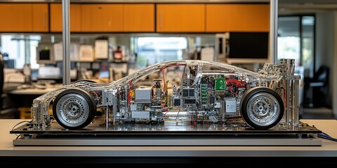 Detailed transparent model of a car showcasing internal components in a modern office setting