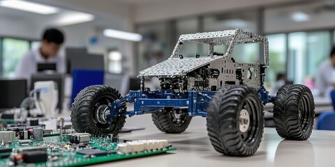 Robotic vehicle model displayed in a laboratory setting during a technology workshop for students