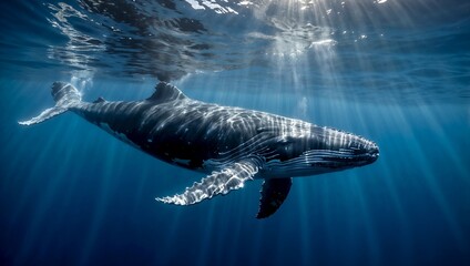 Fototapeta premium Majestic humpback whale swimming gracefully beneath the ocean surface, illuminated by sunrays