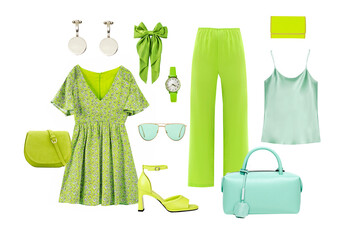 Green clothes collage, women's clothing set isolated on white, fashion apparel and accessories...