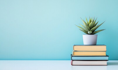 Potted Succulent Sitting on a Stack of Books on a Light Background