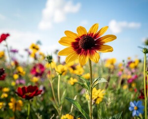 Fototapeta premium Vibrant Wildflower Meadow With Brilliant Yellow Bloom in Natural Sunlight, Shallow Depth of Field