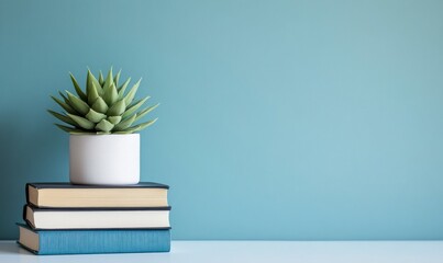 Plant on Books Stack Against Blue Wall Decorating Minimalist Interior