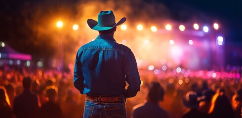 cowboy wearing jeans and a hat watching an outdoor country music concert 