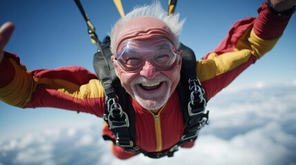 Happy elderly man skydiving, experiencing freefall, wind rushing past, smiling with excitement, parachute visible in the background, breathtaking aerial view