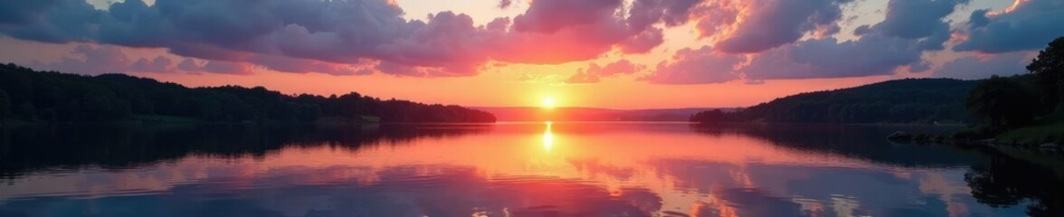Calm waters and majestic sky at sunset on Phoenix lake in Dortmund, evening light, panoramic, peaceful