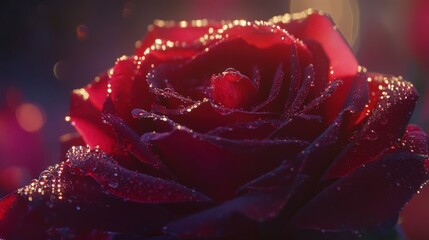 Dramatic close-up of a crimson rose adorned with glistening water droplets